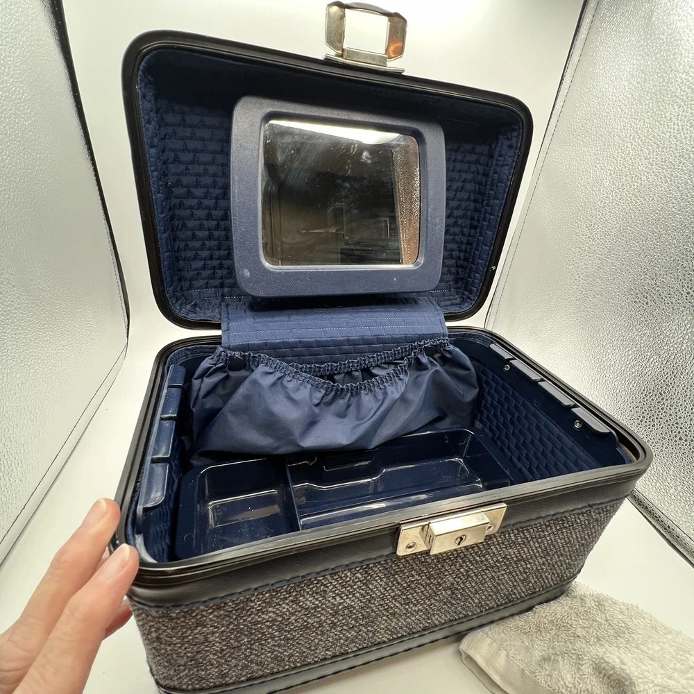 Blue Tweed Cloth Vanity Train Travel Case Inside Tray Pop-up Mirror